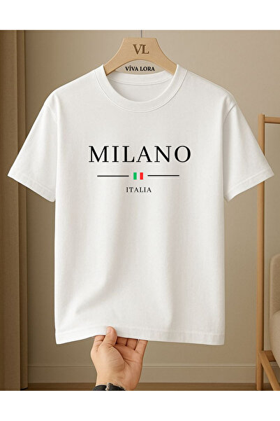 VİVA LORA Milano Italia Printed 100% Cotton Crew Neck Regular Unisex White T-...