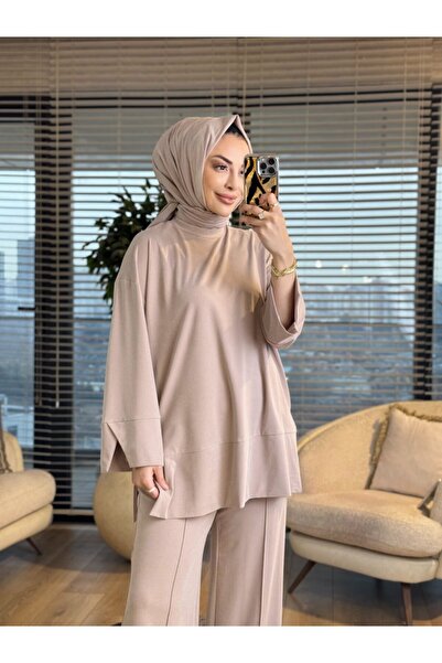 ALANURMODA 14457 Skirt Hem Slit Suit Beige