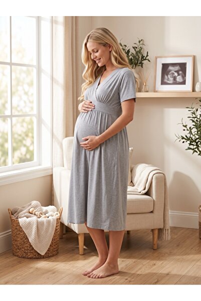 Lohusa Homewear New Season Gray Summer Nightgown with Easy Breastfeeding Feat...