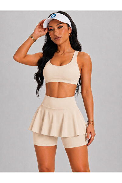 MAROVOAY Women's High Waist Inner Leggings Mini Sport Skirt-Crop 2 Piece Set