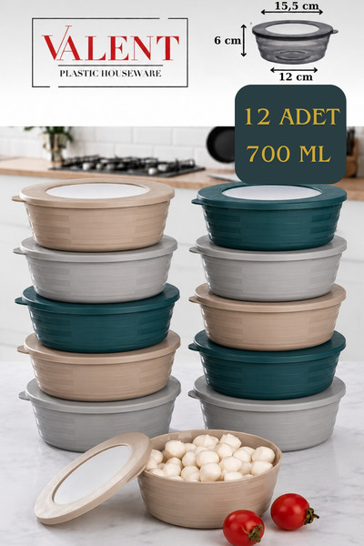 VALENT 12'li Lisa 700ml Düzenleyici Saklama Kabı, Kahvaltılık Çerezlik Sert K...