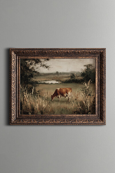 epiqart Cow Grazing in the Countryside - Vintage Patterned Painting - Thick M...
