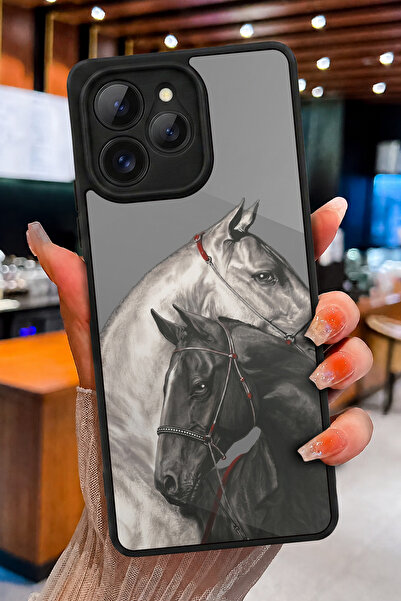 omix X6 Uyumlu Siyah Beyaz At Desenli Parlak Baskılı Kamera Korumalı Telefon ...