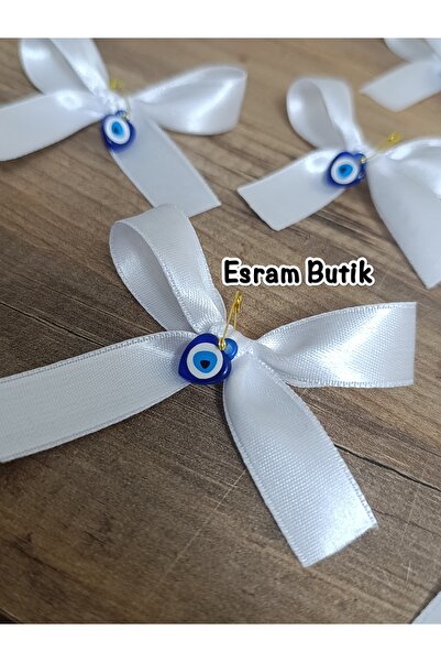 Esram Butik White Satin Evil Eye Beaded Ribbon Bow, Bundle, Dowry, Wedding, E...