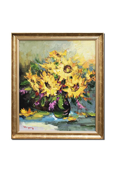 artnova Рамкирана ръчно рисувана картина с импасто техника на ваза със слънчо...