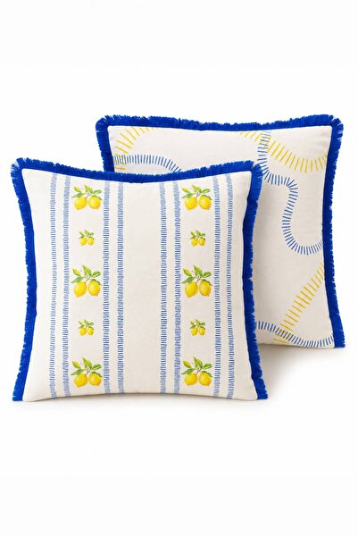 dekomall home & living Blue Striped Lemon 2-Piece Throw Pillow Cover