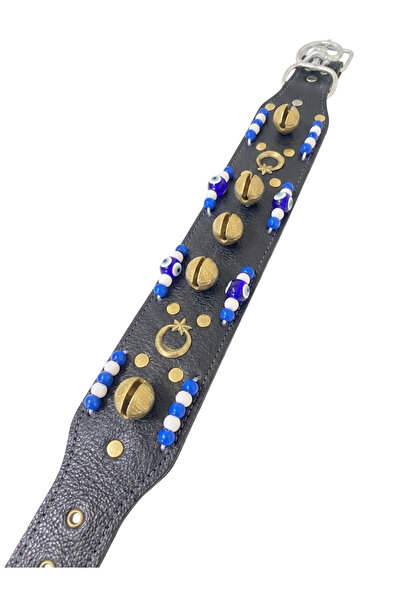 Sürmeli Tasma Wide Kangal Dog Collar Genuine Buffalo Leather with 5 Bells Black
