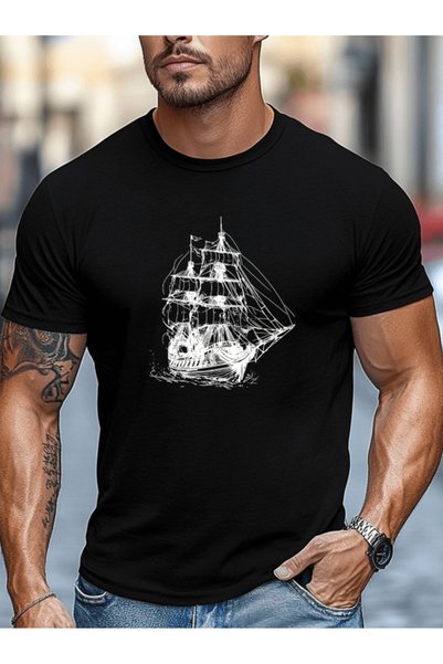 one button Tricou Premium Oversize cu imprimeu cu design de navă