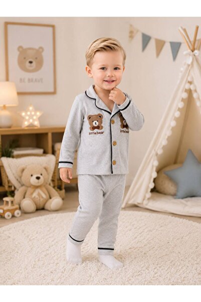 derin baby %100 Pamuk Uzun Kollu Düğmeli Mevsimlik Little Bear Desenli Yumuşa...