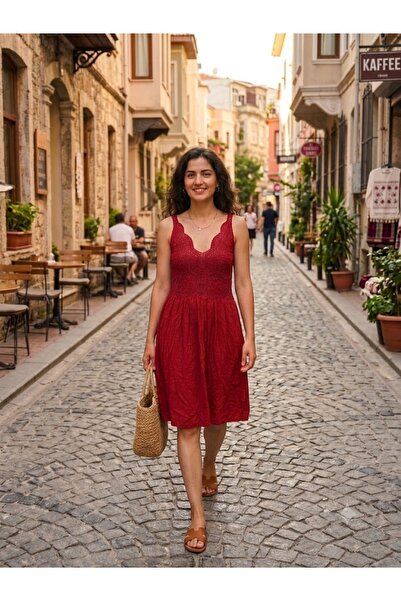 AYASOFYA OTANTIK Women's Italian Red Strap Lace Detailed Lined Viscose Midi D...