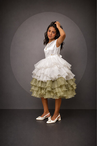 JO FASHION Girls' Dress White and Olive Green Layered Ruffle Luxurious Dress ...