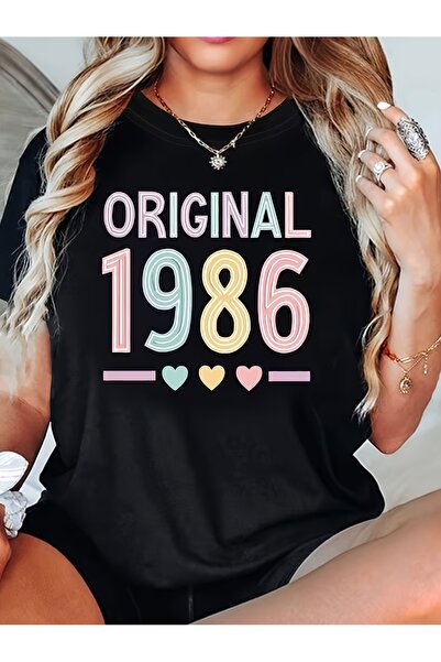 En22 Ladies' Retro 1986 Pattern T-Shirt | "Original 1986" Colorful Letters Wi...