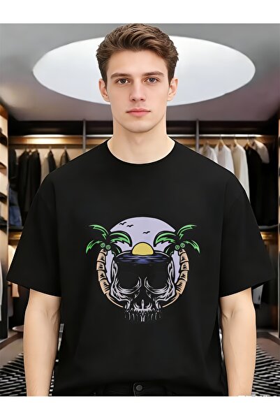 LİNA06 Tropical Beach Skull Vacation Cool Funny Unique Cotton Men Round Neck ...