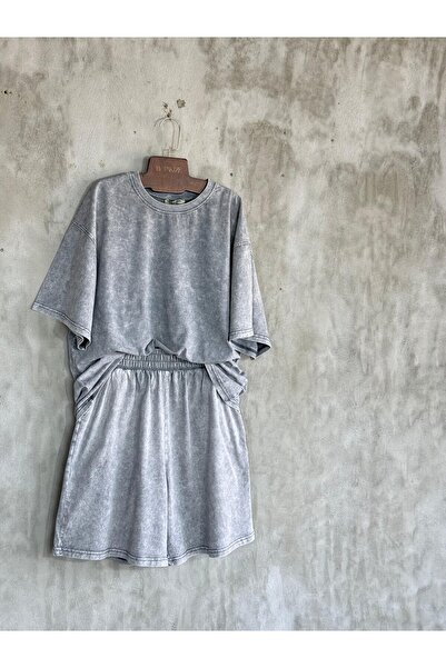 Şehir Boy Şortlu Oversize Taş Yıkamalı Takım