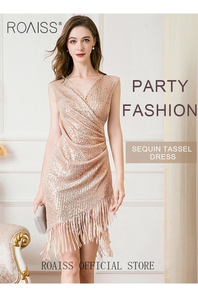 ROAISS Banquet Party Dress for Women Evening Dresses V Neck Sequins Knee-Leng...