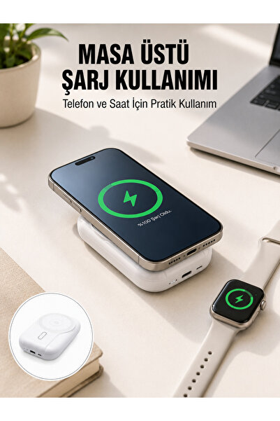Genel Markalar Akıllı Saat ve Telefon Uyumlu 4’ü 1 Arada Powerbank 10000 mAh ...