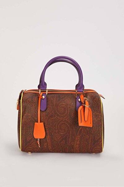 Levidor Dark Brown Motif Patterned Curved Handbag