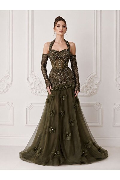 ranin Royal Oil Painting Dress with Hand Embroidery and Embossed Flowers