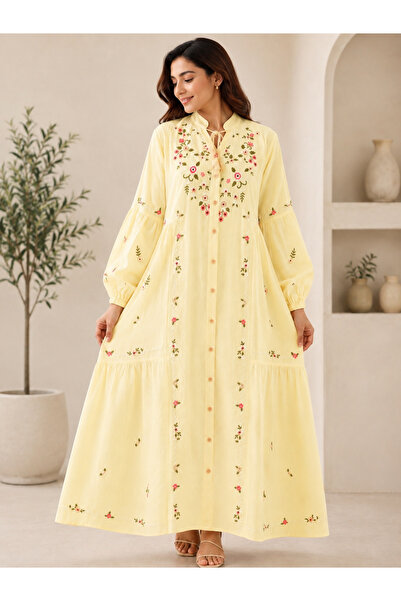 LAYARA COUTURE Modest Embroided Linen Dress,Full Length.