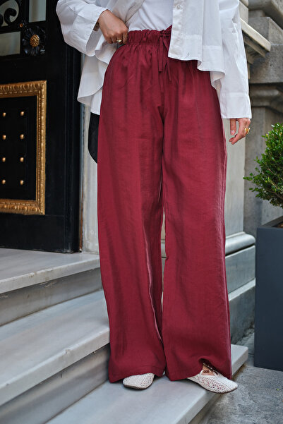 LOCCO Women's Double Pocket Elastic Waist Modal Pants with Lace Detail Red