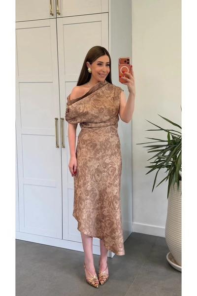 My Blog Beige One-Shoulder Asymmetrical Floral Dress - 205385