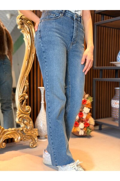 Kadın Mavi Yüksek Bel Paçası Kesik Straight Düz Kesim Jean Pantolon