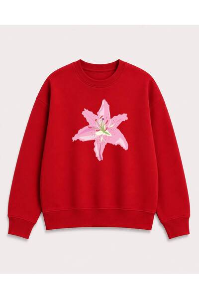 Birdirbir Kız Çocuk Kışlık Pembe Zambak Baskılı Bisiklet Yaka Sweatshirt