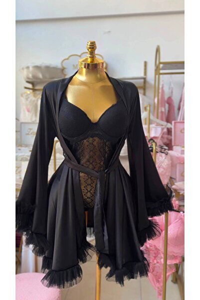 MH Moony Homewears Black Satin Robe with Supportive Jumpsuit
