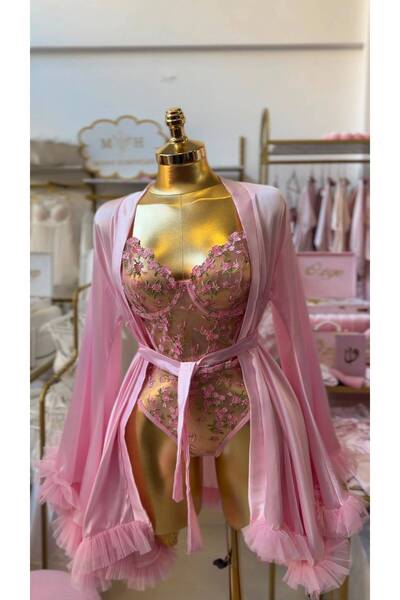 MH Moony Homewears Pink Satin Dressing Gown Floral Jumpsuit