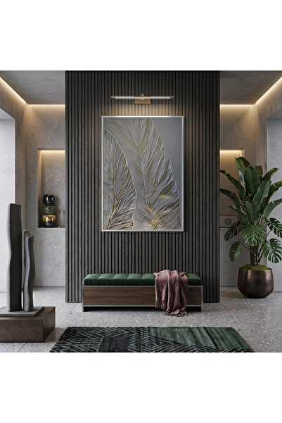 KOLAJTASARIM Feather Motif Silver Gray Gold Single Metal Framed Glass Table W...
