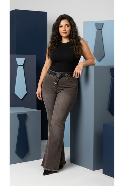 ZANESSI Plus Size Women's Wide Leg Denim Pants with Gathering Belt