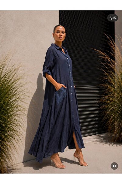 yusracollectionn Italian Linen Long Shirt Dress with Pockets Oversize Relaxed...