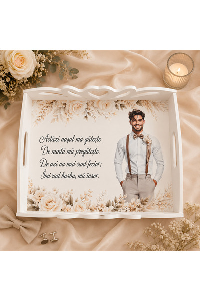 OEM Set Tavă Gătitul Mirelui, din Lemn, Albă, Model Costum Bej cu Flori Crem,...