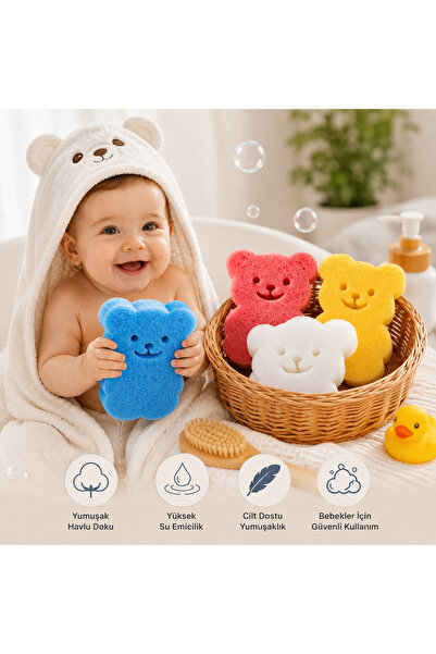 Ens Group Avm Bebekevi Baby Bath Sponge with Teddy Bear Figure, 4-Piece Color...