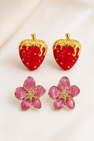 MRK Set of 2 Earrings Enamel Flower Strawberry Earrings