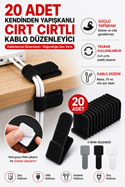 Hane Dostu 20 Adet Kendinden Yapışkanlı Cırt Cırt Kablo Düzenleyici Bant Masa...