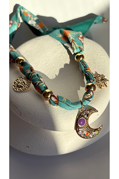 BHR AKSESUAR Women's Patterned Scarf Necklace with Moon and Sun Detail, Styli...