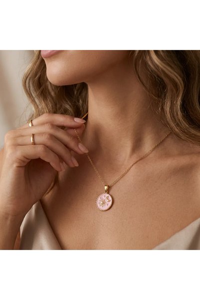FASHION Pink Enamel Embellished Gold Women's Necklace with Sun and Moon Figures