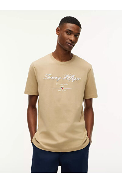 Tommy Hilfiger Men's Regular Fit Printed Round Neck Cotton Short Sleeve Beige...