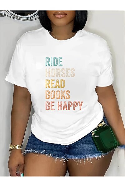 NOURAM تي شيرت نسائي كاجوال بأكمام قصيرة مع طباعة "RIDE HORSES READ BOOKS BE ...