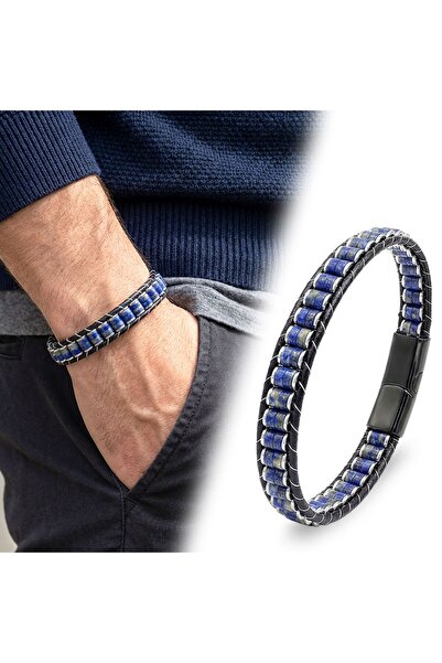 OGHAMAY Lapis & Hematite Steel Braided Leather Bracelet 18392B22D10