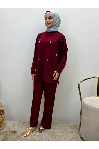 JOOQSTORE Stone-Embellished Two-Piece Modest Tunic and Pants Set