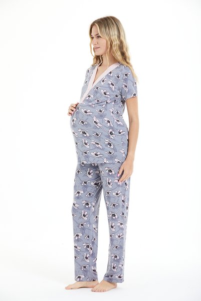 LILAC Women's 95% Viscose Floral Patterned Maternity & Postpartum Buttoned Pajama Set
