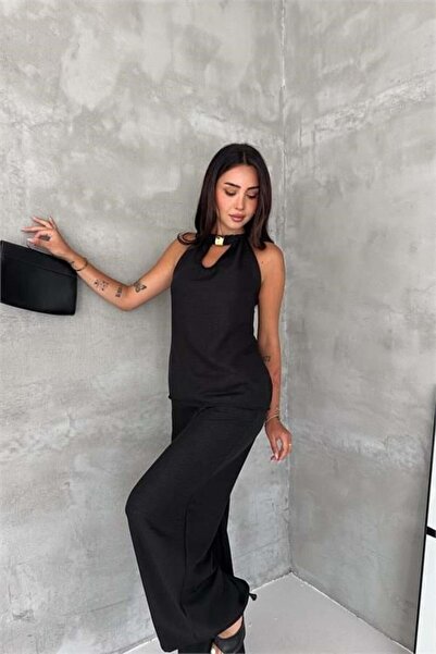 Dipmoda Set premium de vară, negru, cu guler halter, fără mâneci, pentru feme...