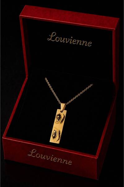Louvienne Kişiye Özel Göz Baskılı Çelik Gold Plaka Kolye Sevgiliye Hediye