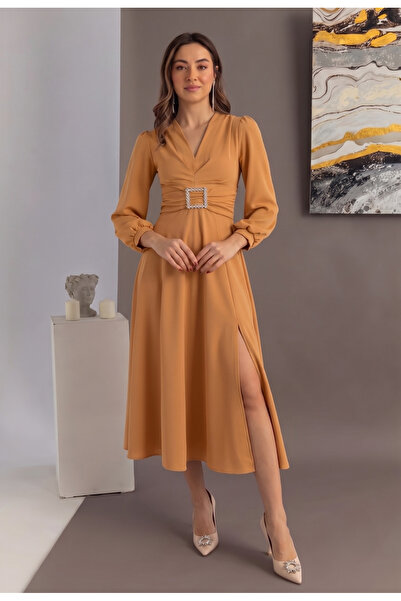 mass fashion Γυναικείο φόρεμα με πέτρινη πόρπη με λεπτομέρεια με σχισμή και φ...