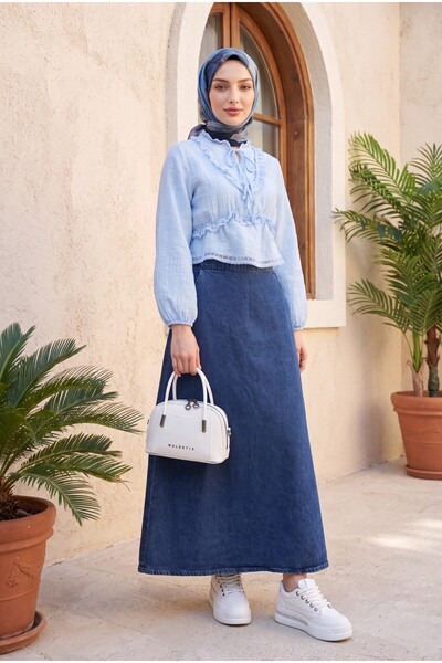 Modamorfo Beli Half Elastic Waist Pocketed Denim Skirt with Embroidery Detail...