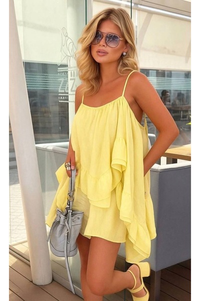 St boutique Askılı Asimetrik Volanlı Elbise