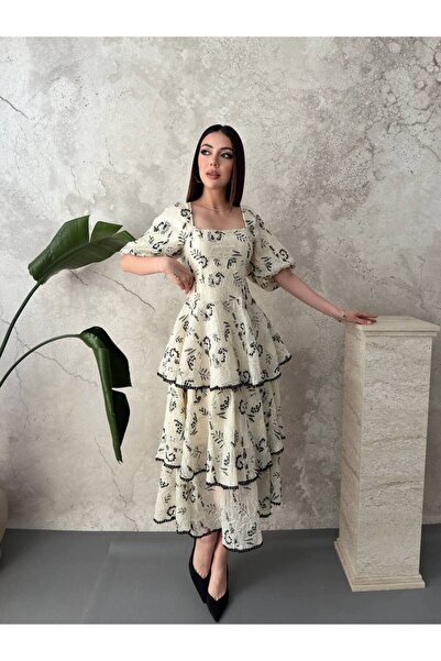 ELİSA KARE YAKA KAT KAT İŞLEME DESEN MAXİ ELBİSE