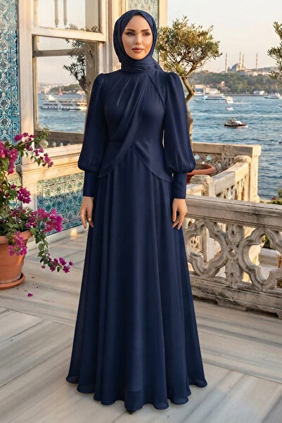 N.S NEVA STYLE Şifon Drapeli Lacivert Tesettür Abiye Elbise 4948L